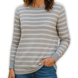 Caslon Stripe Crew Neck Sweater Gray Zip Back Long Sleeve Small